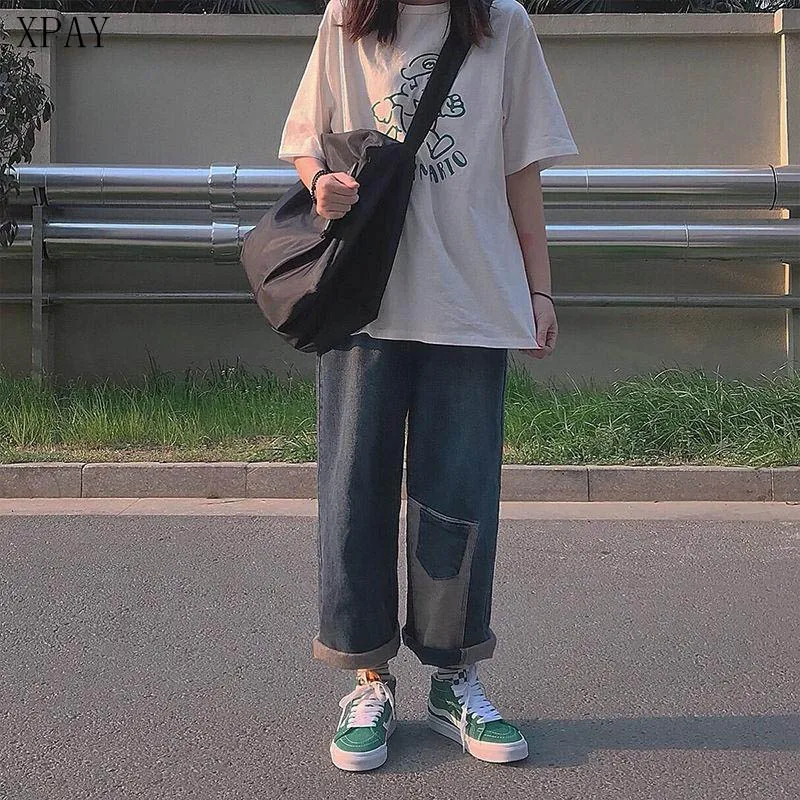 Harajuku джинсы с высокой талией для женщин большие размеры простые корейские