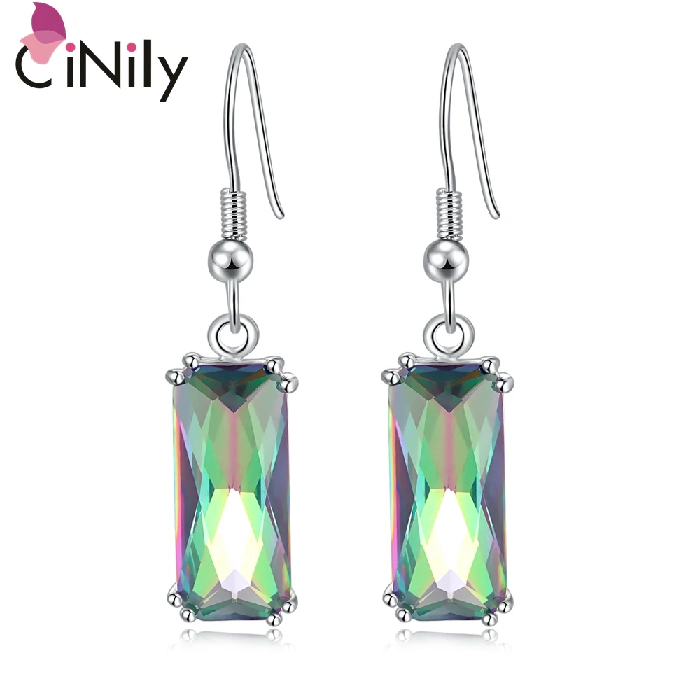 Длинные висячие серьги CiNily с радужным мистическим камнем посеребренные