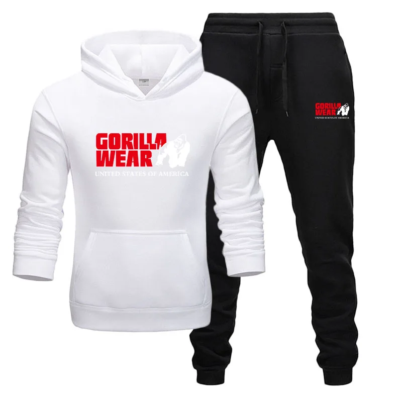 white black Спортивный костюм Горилла одежда Мужская спортивная одежда 2 шт. наборы все хлопок флис толстая толстовка+ брюки спортивные костюмы Уличная пуловер мужской - Цвет: white black