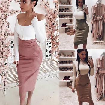 

Womens Wrap Elegant Bandage High Waist New Midi Party Pencil Skirts Solid Pink Zipper Split Slim Bodycon Skirt