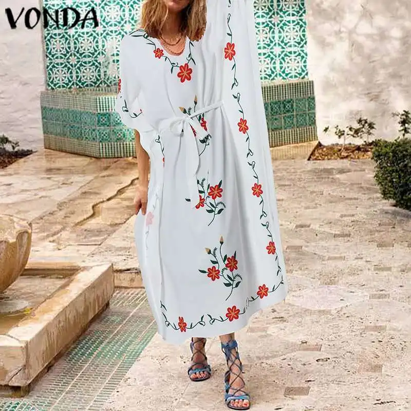 

VONDA Pregnancy Dress Vintage V Neck 3/4 Sleeve Print Maxi Dresses Spring Summer Bohemian Long Vestido Sexy Party Robe Femme