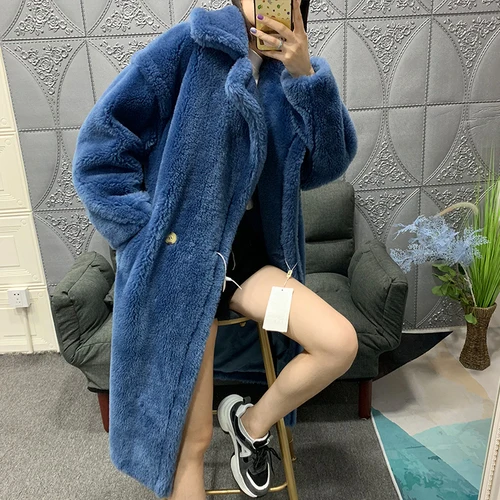 Smoky blue Женское зимнее теплое длинное пальто из искусственного меха, винтажная Меховая куртка с длинным рукавом, женское толстое пальто с мишкой Тедди, Повседневная Свободная верхняя одежда больших размеров - Цвет: Smoky blue