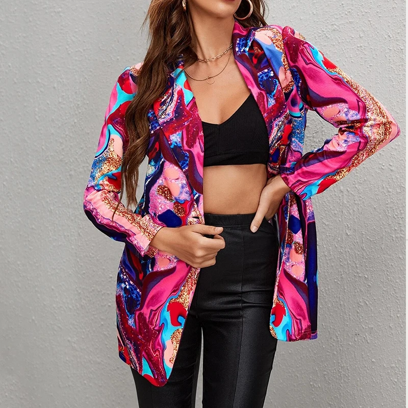 Colour Print Single Button Loose Blazers Women Jacket Streetwear Autumn Plus Size Elegant Office Lady Coat American Stylish New short suit set Suits & Blazers