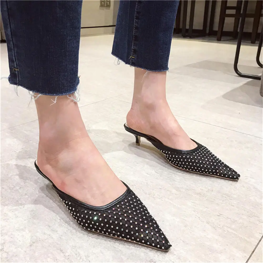 

Karinluna 2020 Dropship Top Quality Sexy Luxury Design Thin Med Heel Air Mesh Pointed Toe Summer Sandals Women Shoes Woman Mules