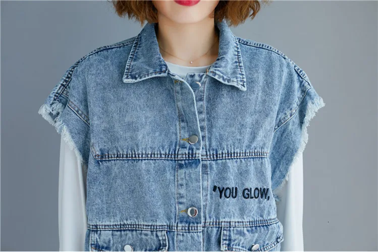 MEVGOHOT Woman Sleeveless Denim Embroidery Vest Plus Size Pockets Casual Loose Autumn Cartoon Embroideired Girl Vest HD2226