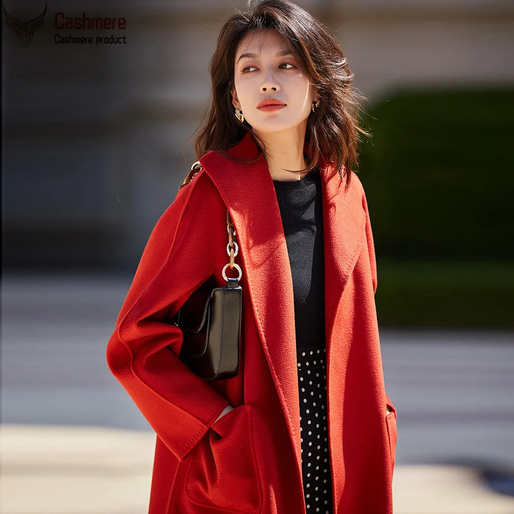 

Lamb wool women coat double-sided woolen coat women's long woolen coat autumn and winter loose big lapel fashion red coat women