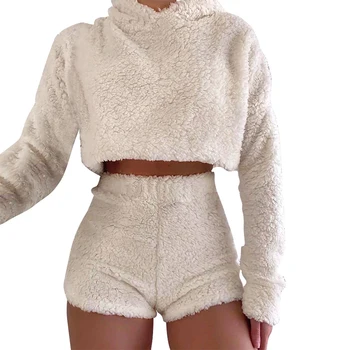 

Spring Winter Two Piece Sets Women Homewear Suit Solid Color Long Sleeves Hooded Tops Elastic High Waist Shorts Pajamas For Lady