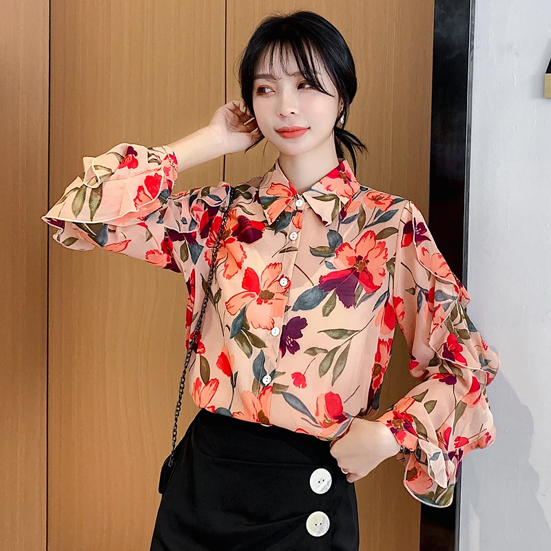 

Korean Fashion Women Chiffon Blouses Shirt Elegant Woman Floral Chic Shirt Plus Size Womens Tops and Blouses Women Shirts Blouse