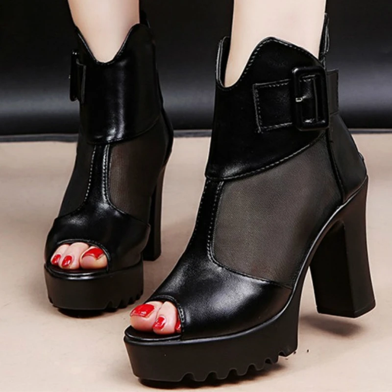 

Women Sandals Ankle Buckle Strap Square High Heel Platform Peep Toe Air Mesh Dress Wedding Female Ladies Shoes Zapatos De Mujer