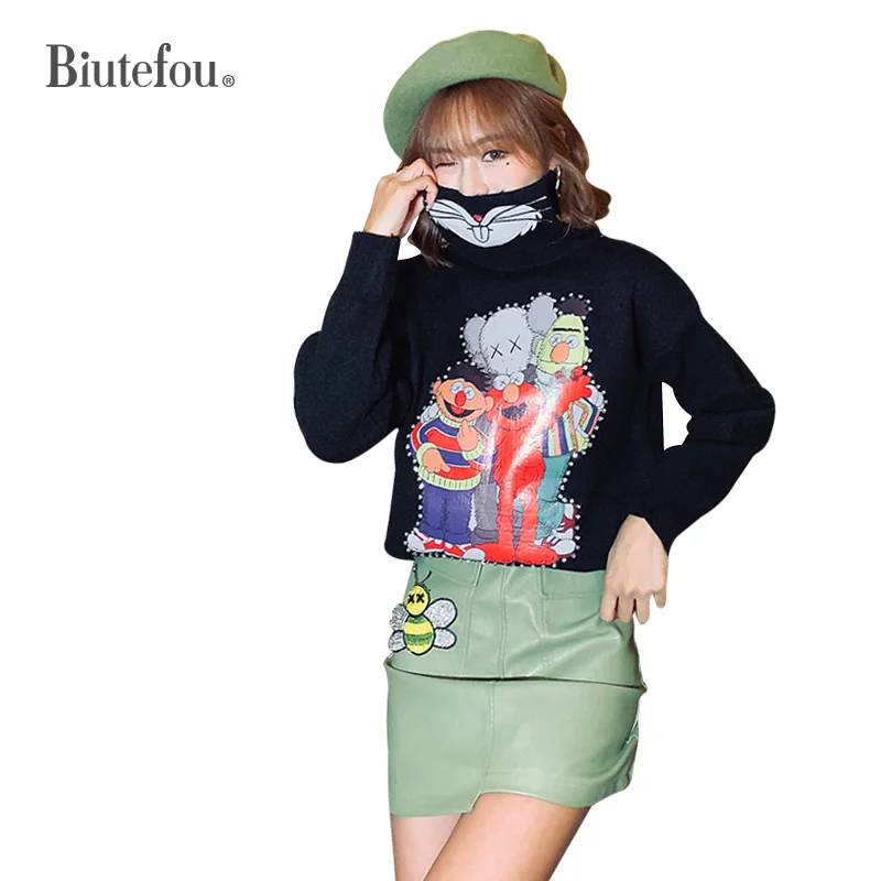 

2019 Autumn and winter high collar sweaters fashion embroidery Pullover women knitted sweaters
