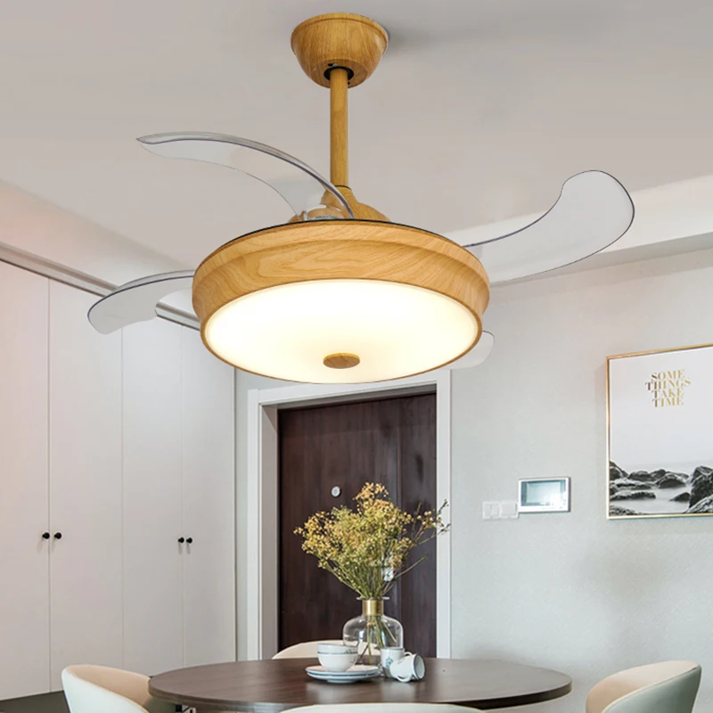 

Modern Simple Solid Wood Ceiling Fan Lamp Smart Remote Control Silent LED Bedroom Dining Room Ceiling Fan Lights