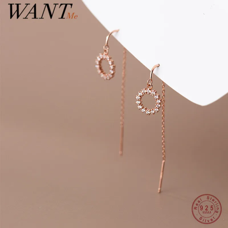 

WANTME 925 Sterling Silver Sweet Simple Geometric Round Zircon Piercing Ear Line Earrings Women Romantic Wedding Party Jewelry