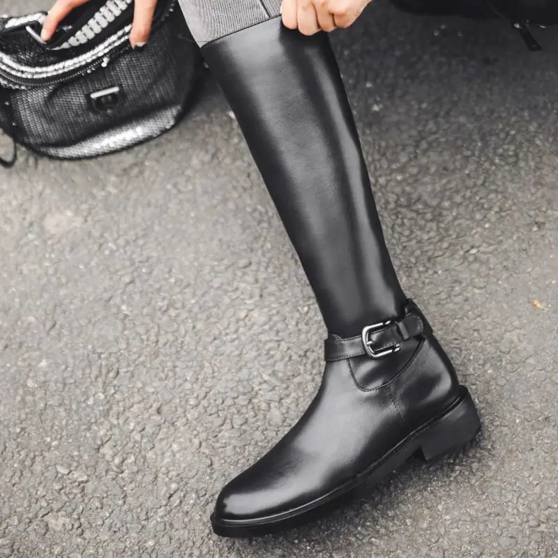 RIZABINA Real Leather Women Retro Knee High Boots Round Toe Flats Motorcycle Boots Buckle Sexy Winter Shoes Women Size 33-44
