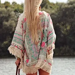 Women Shirts Summer Holiday Boho Floral Print Thin See Through Tassel Half Sleeve Cardigan Beachwear Cape Shirts Woman Tops