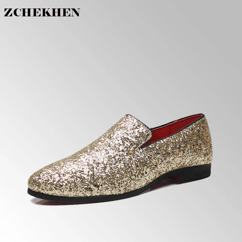 Европа Bling плоские кожаные туфли Стразы модные Для мужчин s Лоферы Туфли под платье Для мужчин Повседневное со стразами обувь с острым носком цвета: золотистый, Серебристый#33