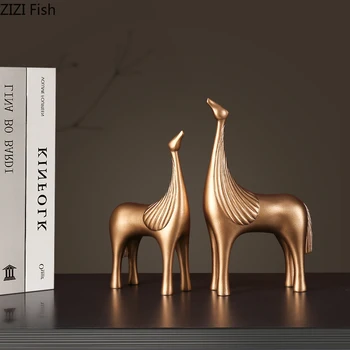 

2 Pcs/set Abstract Golden Horse Statue Ornaments Desk Decoration Resin Figurines Modern Crafts American Rustic Home Decor
