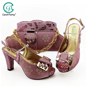 

Italian design Shoe With Matching Bag For Party With Stone Wedding Shoe And Bag High Quality Women Pumps pink color PU leather