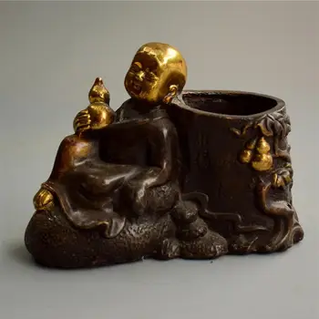 

YM Copper Statue Exquisite bronze ware, antique relief made in Qianlong period, children's fulushou pen holder