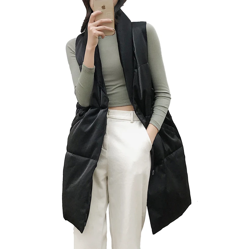 Women winter long vest sleeveless coat thick waistcoat shiny fabric M-XXL 3color silver blue black drop shipping
