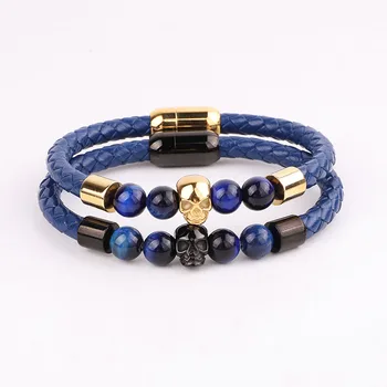 High Quality Men Bracelet New Design Blue Tiger Eye Natural Stone Stainless Steel Skull Charm Genuine Leather Bracelet Men