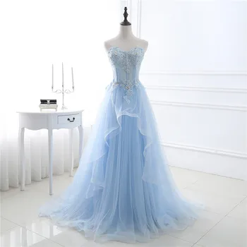 

Light Sky Blue Prom Dress Sweetheart Lace Applique Sequins Ruffles Tulle Party Evening Gowns A Line Sweet 16 Pageant Wear