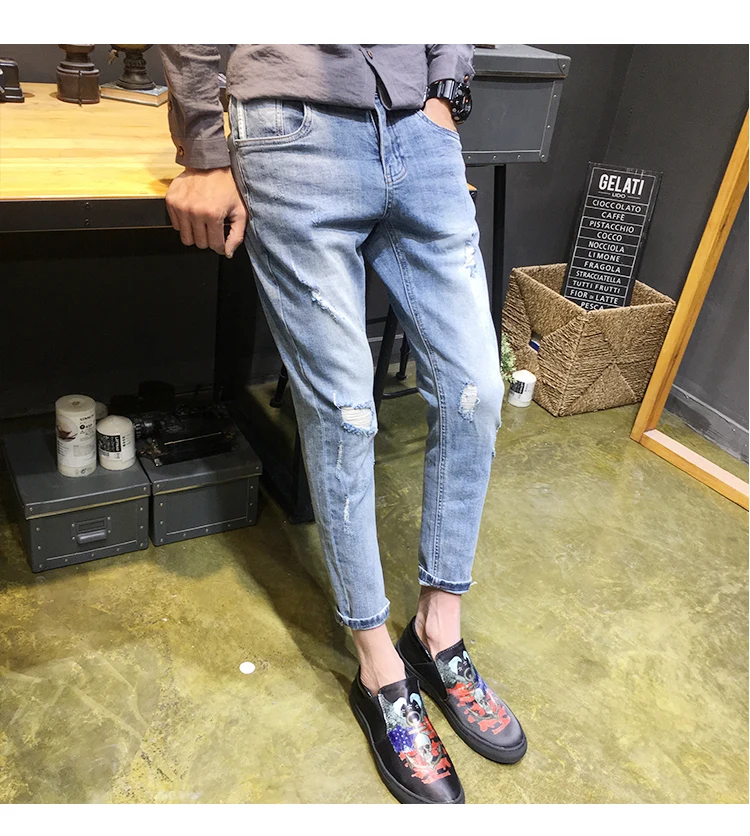 Spring And Summer New Korean Version Of The Tide Simple Loose Tight Elastic Social Wind Casual Retro Hole Jeans Size 28-36