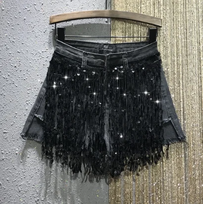 

Personalized Sequined Tassel Black Denim Jeans Shorts for Women 2020 Summer New Harajuku High Waist Slim Shorts Hot Pants Short