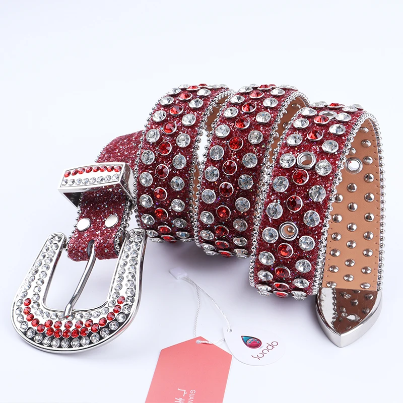 Nuevo cinturón de de imitación rojo Western Cowboy Bling PU Faux Leather Cinturón con tachuelas de diamantes Cinturones de cristal de marca de lujo para mujer hombre cm|Cinturones de hombre| -