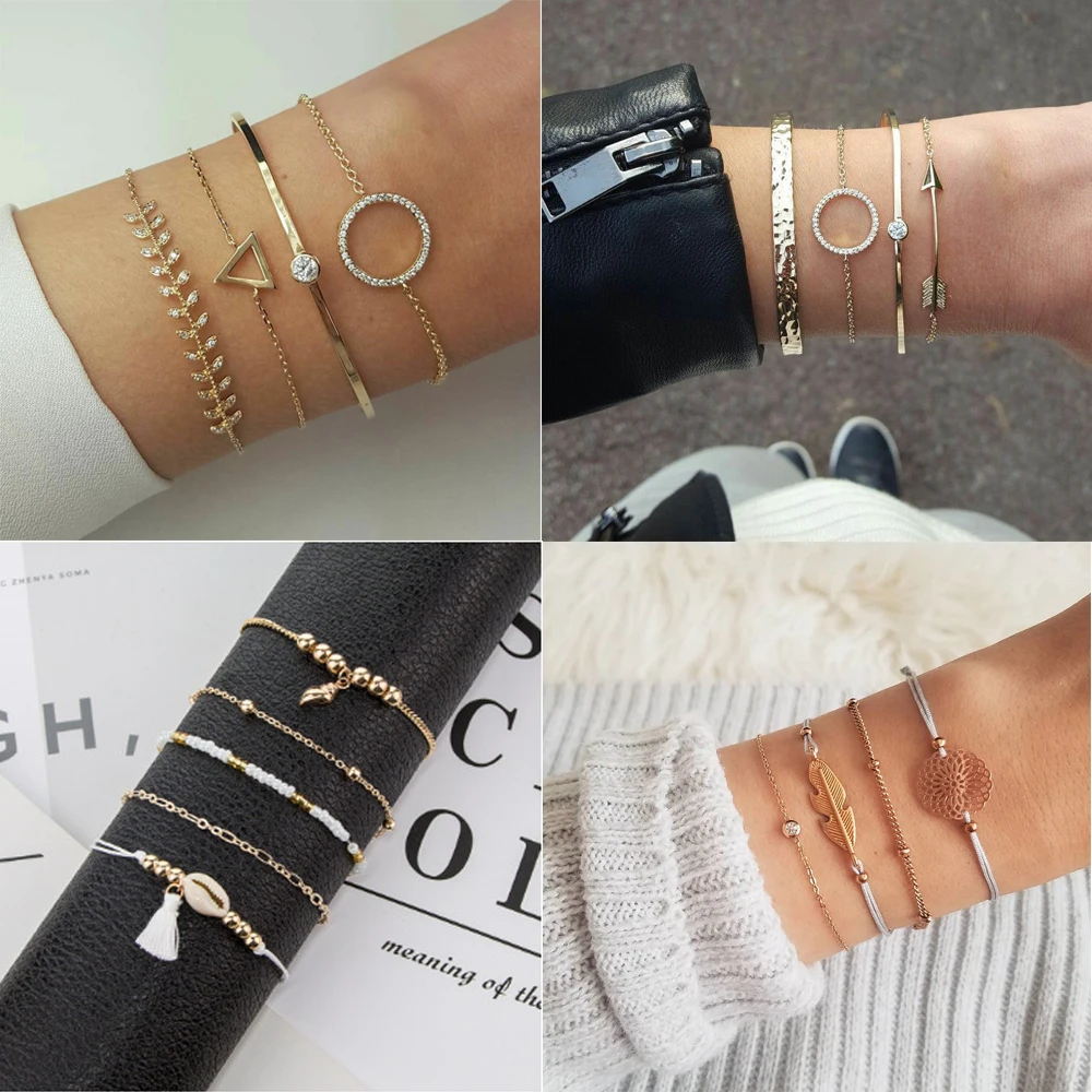 

Bohemian Heart Shell Star Moon Bow leaf Crystal chain Bracelet with alloy for Women gold silver link bracelets Jewelry wholesale