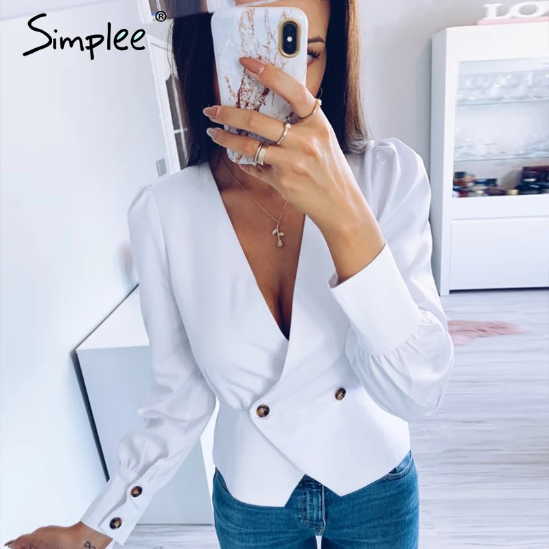 Блузка Simplee Женская однотонная с v-образным вырезом элегантная винтажная рубашка