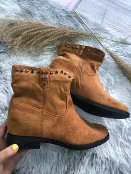 

[GOGD]Boots Women Shoes Punk Rivet Martin Zipper Boots Flannelette Boots Women Mid-Calf Boots Shoes