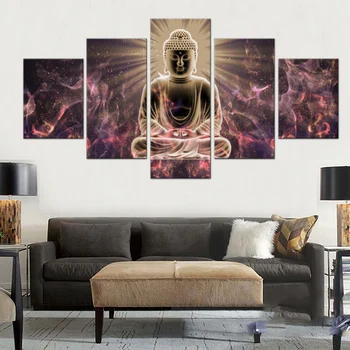 

5 Pcs Buddha with Colorful Clouds Canvas Print Painting Picture Traditional Buddha Statue Pics Abstract Creative Wall Art Decor