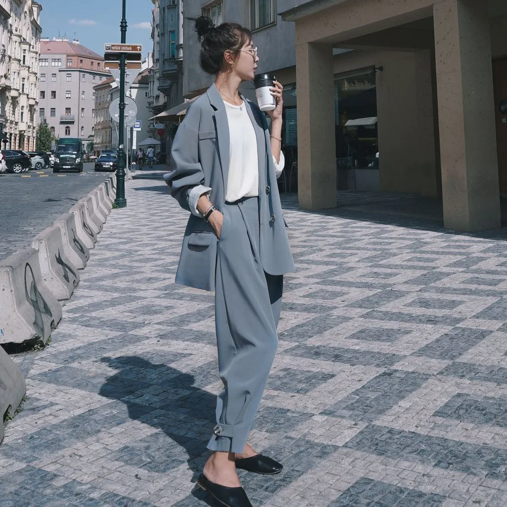 

Photo Shoot Oversize High-waisted Wide-Leg Baggy Pants Two-Piece Women's Loose And Plus-sized Double Breasted Small Suit Coat OL