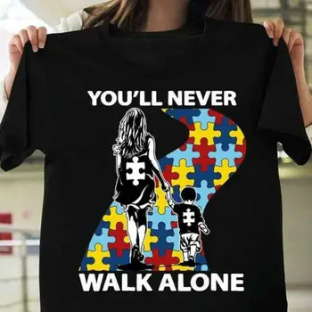 

2020 New Arrival Men T Shirt New Autism Awareness Mom & Son You'll Never Walk Alone Black T Shirt