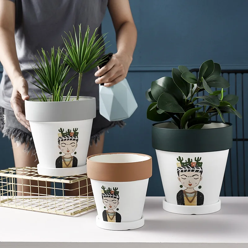 

1pc Human Portrait Flowerpot Ceramic Planter Pot with Drain Hole Garden Decor Flower Pot National Element Craft