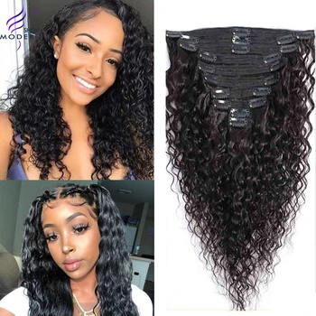 

Modern Show Water Wave Clip In Human Hair Extensions Remy Human Hair Brazilian Clip Natural Black 8Pcs/Set 120g