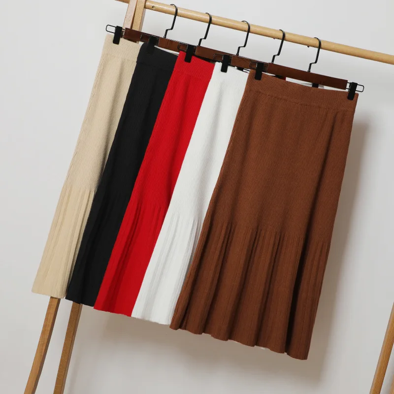 9 Colors Women's Skirts Autumn Winter Solid Elastic Waist Knitted Skirt Elegant Pleated Ruffles A-line Skirt Female Maxi Skirts