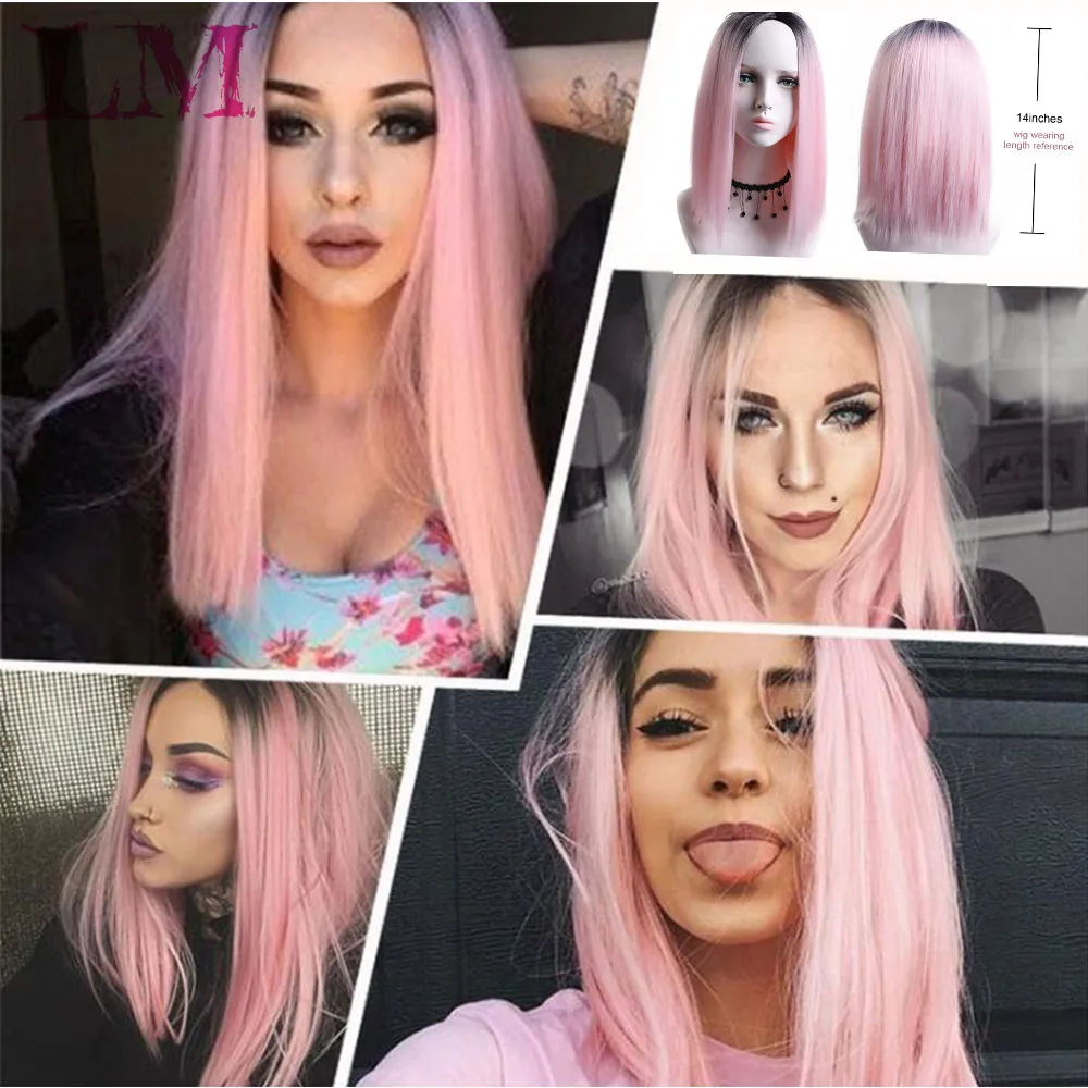 

LM Short Bob Style Wigs Ombre Black Mixed Purple Pink Green Brown Straight 14'' Hair Wigs for Women Synthetic Wig Cosplay