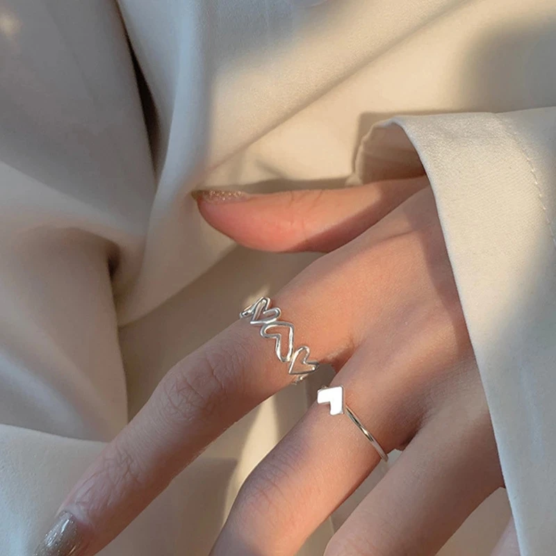 Silver Color Hollowed Heart Shape Open Ring Set Design Cute Fashion Love Jewelry For Women Girl Gifts Adjustable Birthday Party