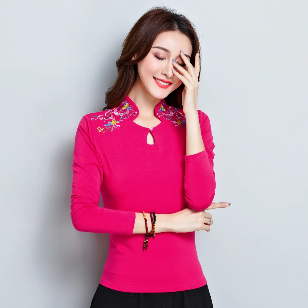 KYQIAO женские топы roupa feminina онлайн Китайский магазин Женская 5xl стоячий воротник этнический дизайн вышивка хлопковая рубашка blusa - Цвет: Красный