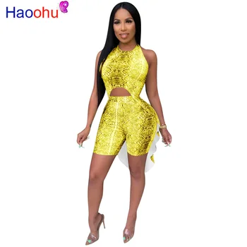 

HAOOHU Sexy Snake Skin Print Two Piece Set Women Clothes Backless Hollow Top and Snake Print Shorts Set Festival Matching Sets