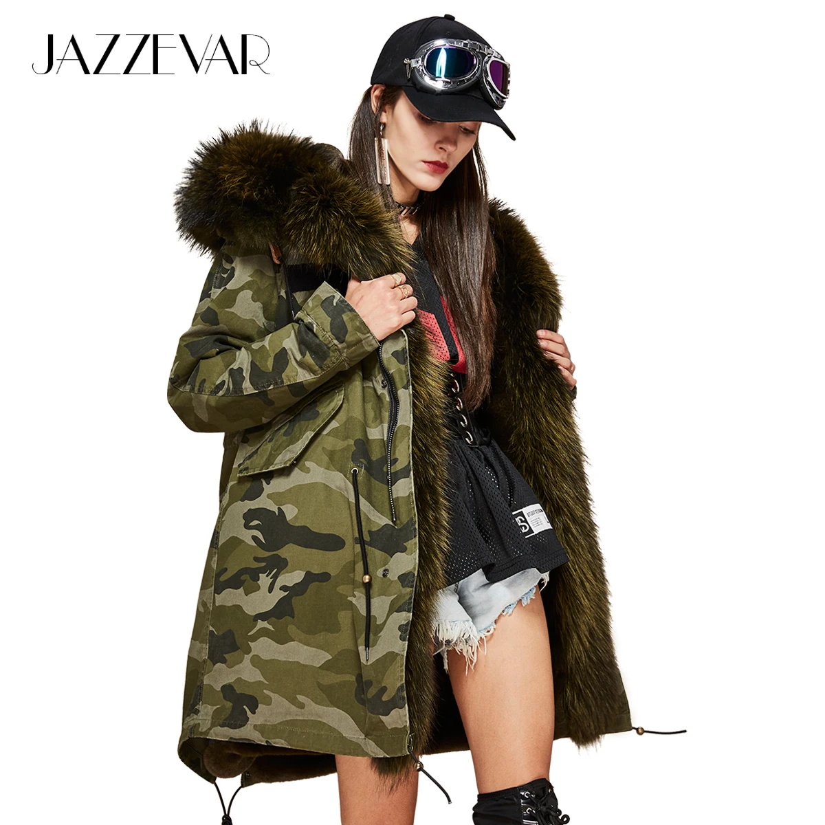 JAZZEVAR 2019 Новые куртки женские роскошные большой мех енота воротник с капюшоном пальто камуфляжные куртки в стиле "Милитари" теплая верхняя