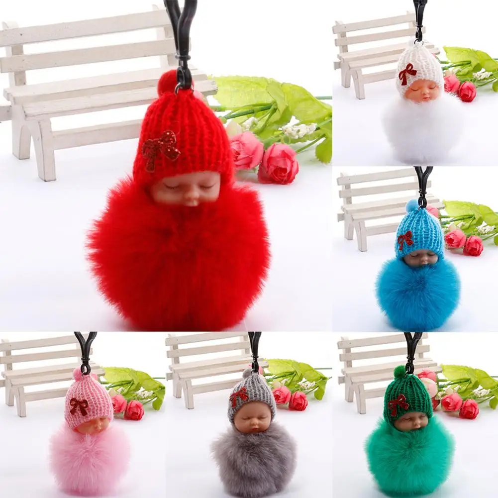

Cute sleeping baby keychain fake Fur Pom Pom Key Chain Women Trinket Car Key Ring Keychain Jewelry Gift for newborn baby