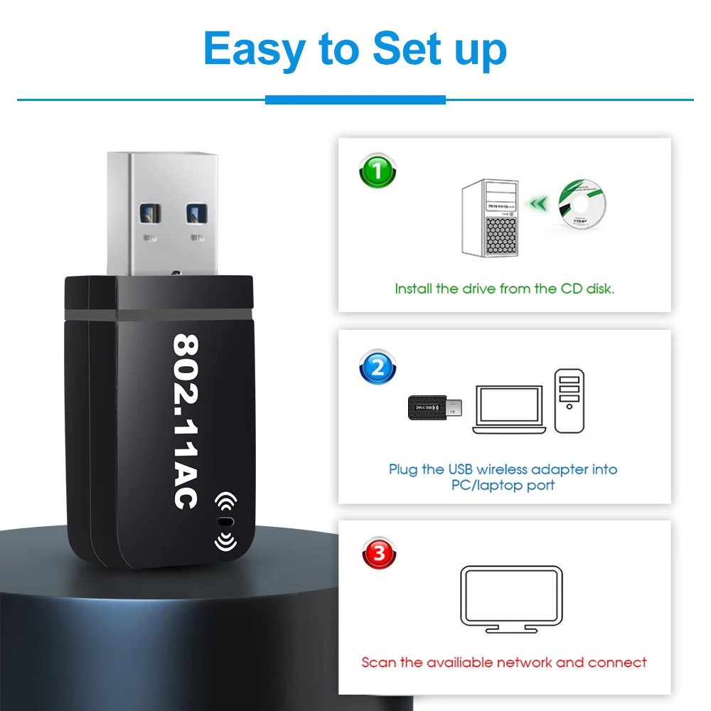 Adaptador WiFi de 5Ghz, antena Ethernet USB 3,0 de largo alcance, Dongle para  PC, portátil, tarjeta de red, receptor Wi-Fi de 1300M - AliExpress