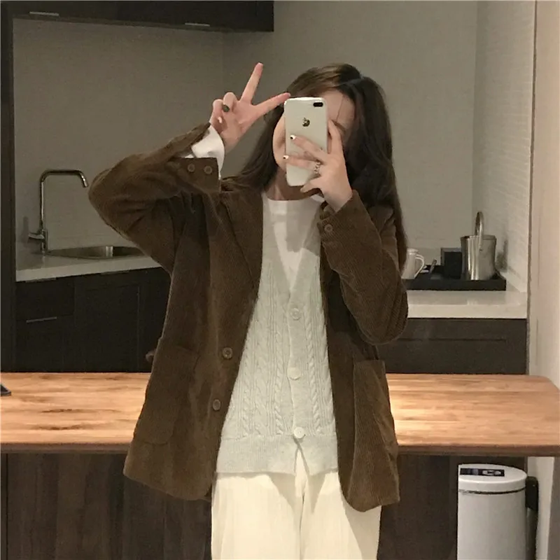coffee color blazer Весна, Женский Повседневный синий блейзер с разрезом сзади, японский стиль, Ретро стиль, длинный рукав, пальто, bleiser feminino - Цвет: coffee color blazer