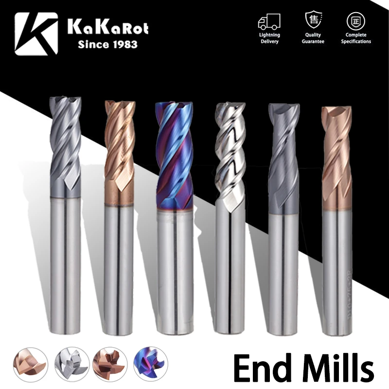 KaKarot CNC Carbide End Mills 2 3 4 Flute Tungsten Machine Milling Cutter Tools Metal Key Seat Face Router Bit HRC50 55 65 mill wood lathe chuck types