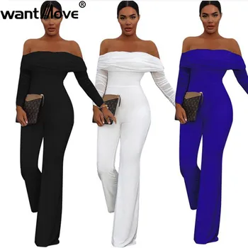 

Wantmove winter jumpsuit sexy slash neck long sleeve slim boot cut pant solid 2019 new elegant cocktail women jumpsuit WM949