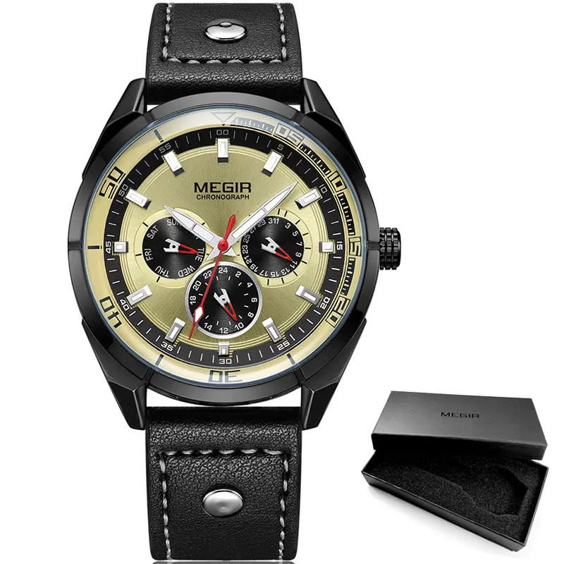 Люксовые часы от бренда MEGIR, Для мужчин черный кожаный ремешок кварцевые часы Водонепроницаемый световой наручные часы для мужчин в течение 24 часов в неделю Дата Дисплей 2072G-BK-7 - Цвет: M2072G-Black gold