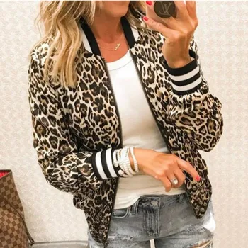 

Autumn Women Leopard Print Zipper Up Coat Lady Long Sleeve Jacket Outwear