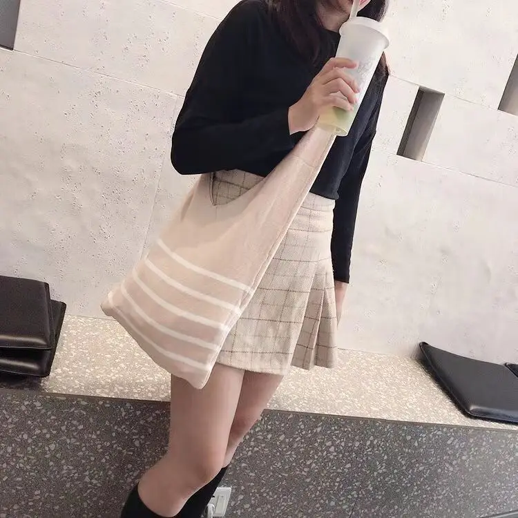 

New Style Stripes Korean-style WOMEN'S Fashion Handbag Simple One-Shoulder Handbag Bag Large Capacity Knitted Woolen Yarn Bag Sh